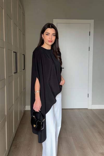 Sia Siyah Vatkalı Asimetrik Kesim Modal Bluz