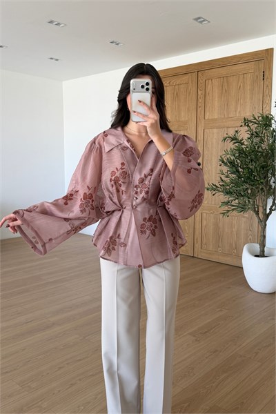 Sisi Gül Kurusu Belden Oturtmalı Organze Gömlek