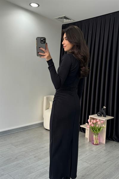 Siyah Streç Drapeli Elbise