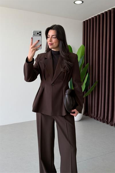 Sophie Kahve Pileli Ceket Pantolon Takım