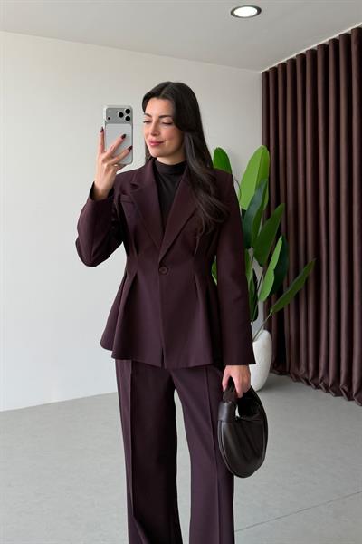 Sophie Mürdüm Pileli Ceket Pantolon Takım
