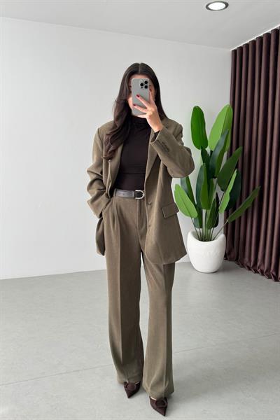 Norea Haki Kadife Blazer Ceket Pantolon Takım