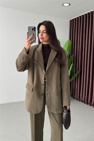 Norea Haki Kadife Blazer Ceket Pantolon Takım