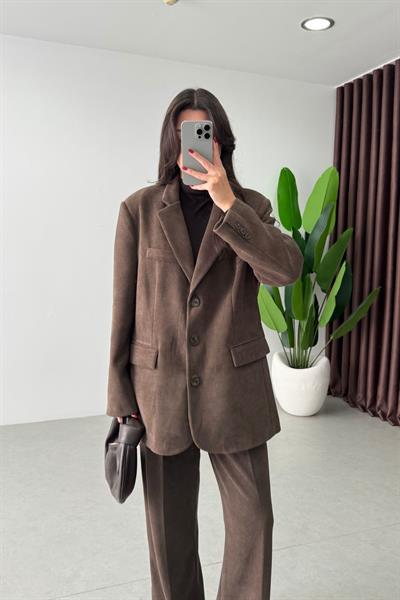 Norea Kahve Kadife Blazer Ceket Pantolon Takım