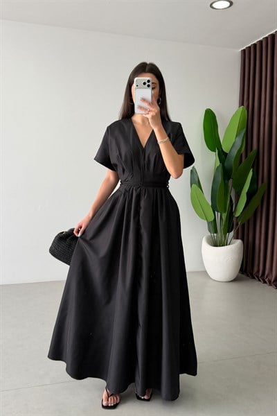 Sova Siyah Bağlama Detay Maxi Elbise