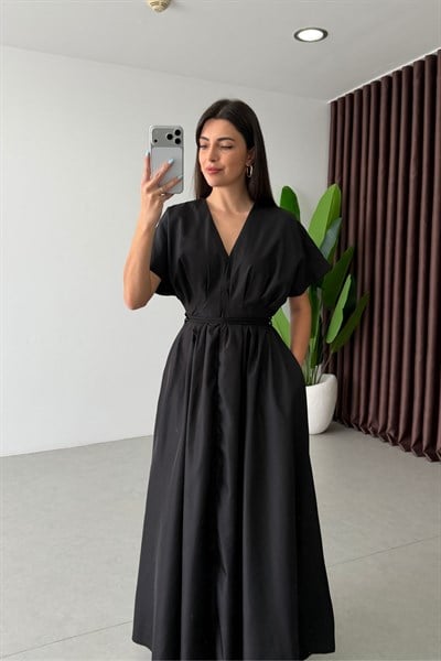 Sova Siyah Bağlama Detay Maxi Elbise