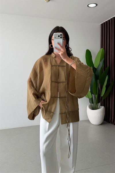 Stay Yağ Yeşili Şifon Kimono Gömlek