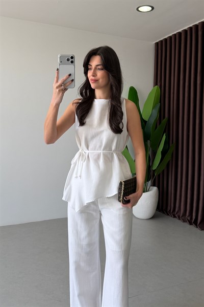 Tana Beyaz Asimetrik Bluz Pantolon Takım
