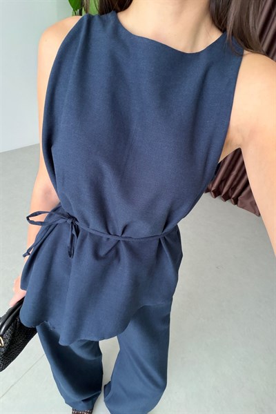 Tana Lacivert Asimetrik Bluz Pantolon Takım