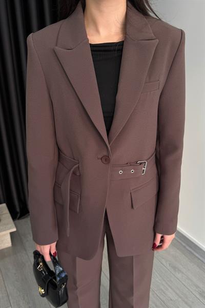 Tasarım Kemerli Kahve Blazer Ceket