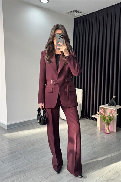 Tasarım Kemerli Mürdüm Blazer Ceket