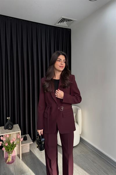 Tasarım Kemerli Mürdüm Blazer Ceket
