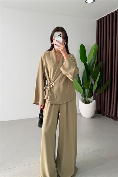 Taupe Mint Krep Kumaş Bağlamalı Takım