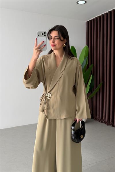 Taupe Mint Krep Kumaş Bağlamalı Takım