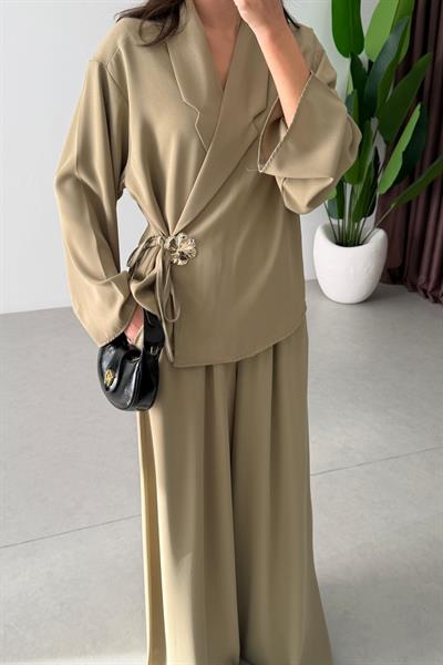 Taupe Mint Krep Kumaş Bağlamalı Takım