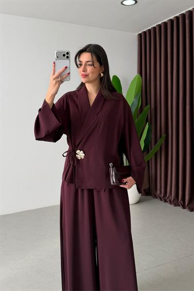 Taupe Mürdüm Krep Kumaş Bağlamalı Takım