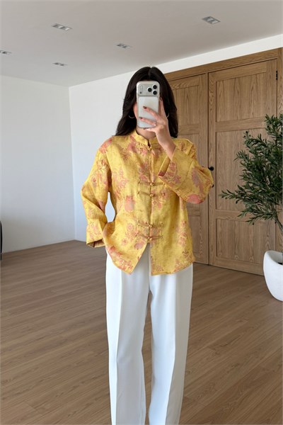 Toby Sarı Desenli Parıltılı Kimono Gömlek