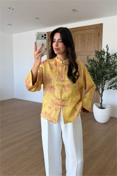 Toby Sarı Desenli Parıltılı Kimono Gömlek