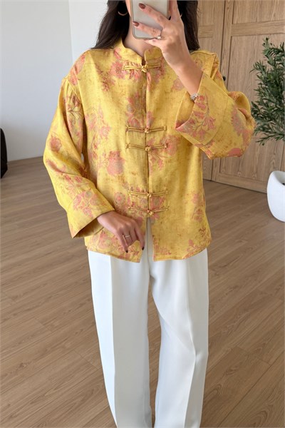 Toby Sarı Desenli Parıltılı Kimono Gömlek