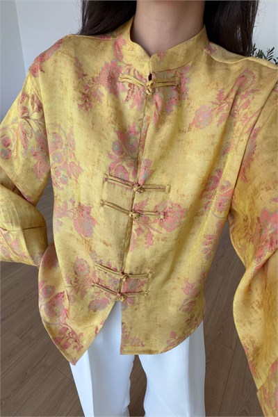 Toby Sarı Desenli Parıltılı Kimono Gömlek