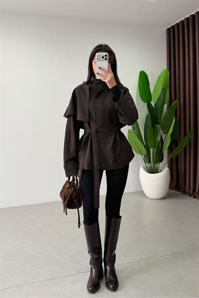 Tracy Kahve Pelerin Detay Kuşaklı Ceket