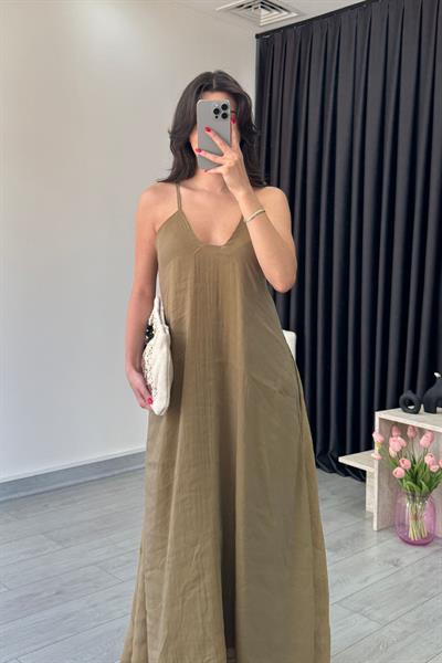 Tres Haki İp Askılı Maxi Elbise