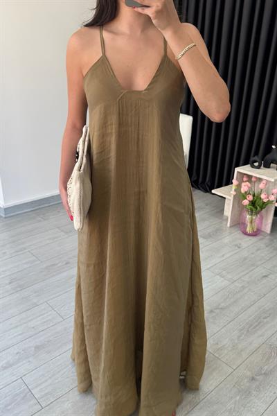 Tres Haki İp Askılı Maxi Elbise