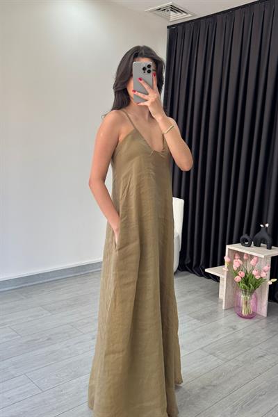 Tres Haki İp Askılı Maxi Elbise