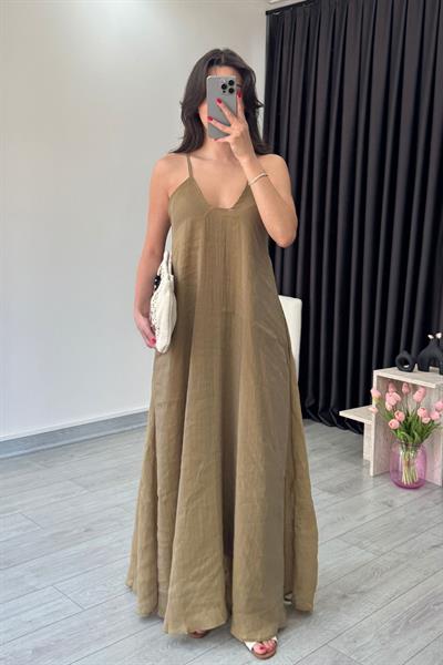 Tres Haki İp Askılı Maxi Elbise