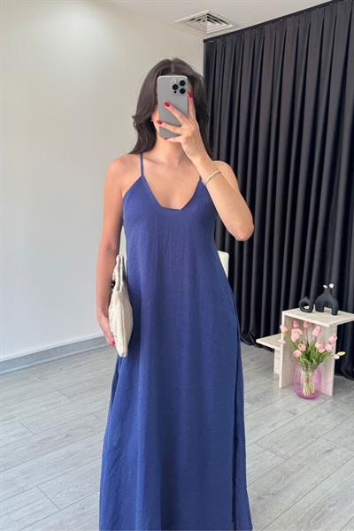 Tres Lacivert İp Askılı Maxi Elbise