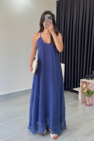 Tres Lacivert İp Askılı Maxi Elbise