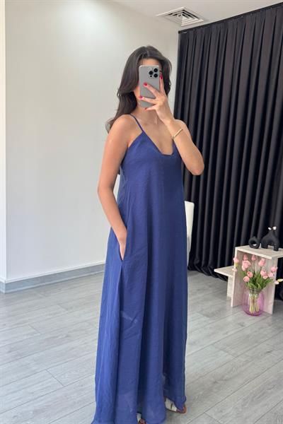Tres Lacivert İp Askılı Maxi Elbise