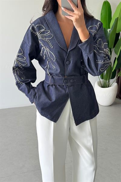 Valen Nakışlı Kuşak Detay Denim Ceket