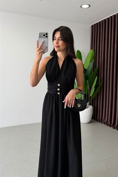 Vayne Siyah Sırt Dekolteli Maxi Elbise