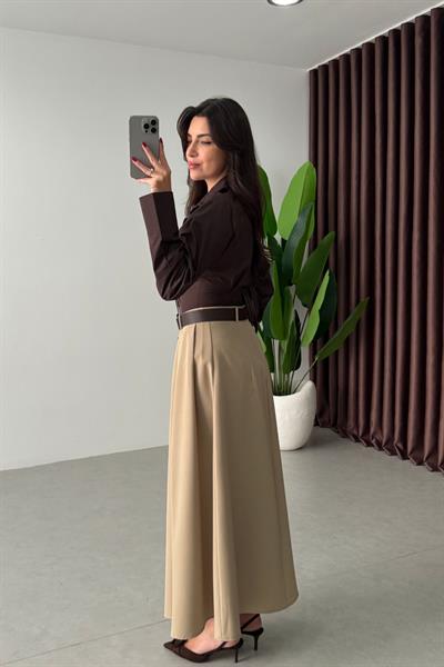 Vera Camel Kemerli Midi Etek