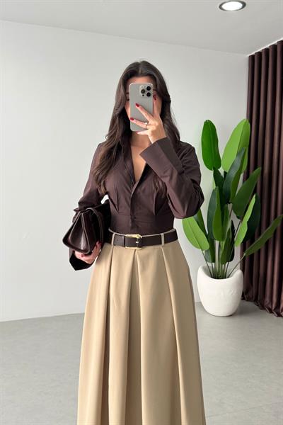 Vera Camel Kemerli Midi Etek