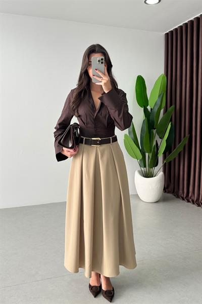 Vera Camel Kemerli Midi Etek