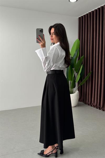 Vera Siyah Kemerli Midi Etek