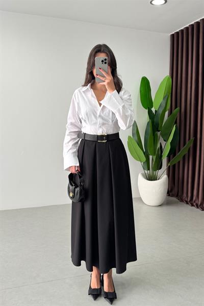Vera Siyah Kemerli Midi Etek