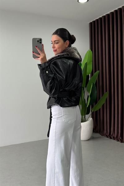 Veronica Siyah Premium Kürklü Deri Ceket