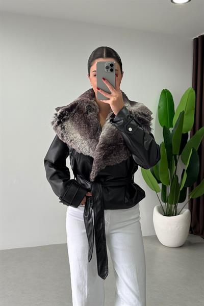 Veronica Siyah Premium Kürklü Deri Ceket