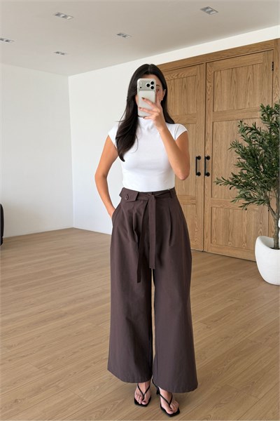 Vesper Kahve Cep Detay Kuşaklı Pantolon