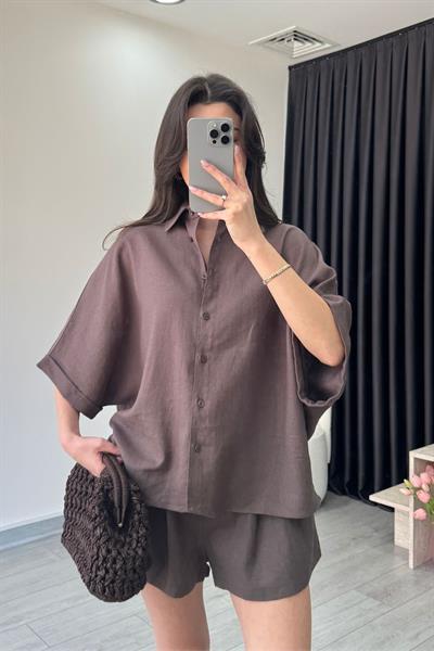 Vesper Kemerli Kahve Keten Gömlek Şort Takım