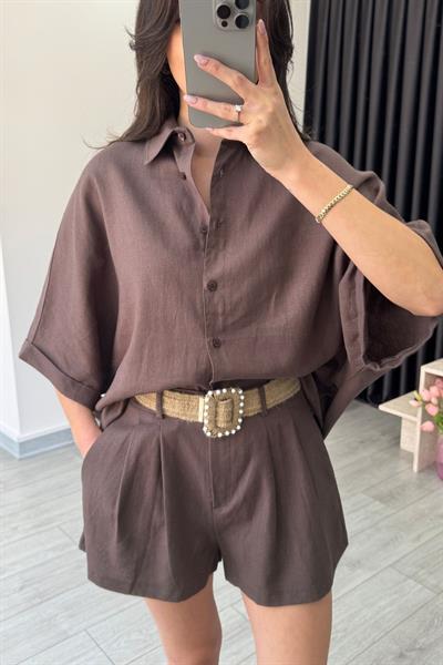 Vesper Kemerli Kahve Keten Gömlek Şort Takım
