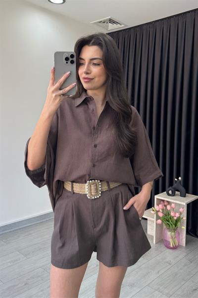 Vesper Kemerli Kahve Keten Gömlek Şort Takım