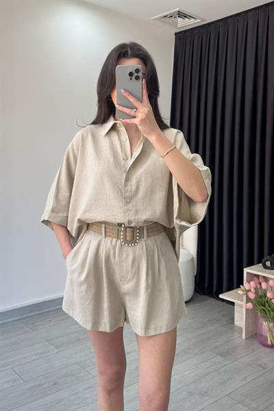 Vesper Kemerli Natural Keten Gömlek Şort Takım