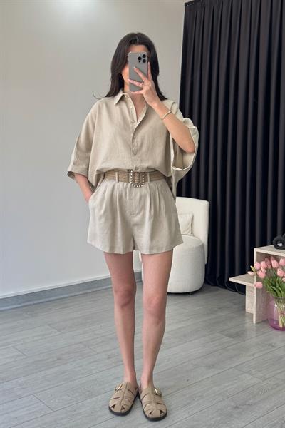 Vesper Kemerli Natural Keten Gömlek Şort Takım
