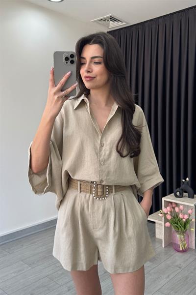 Vesper Kemerli Natural Keten Gömlek Şort Takım
