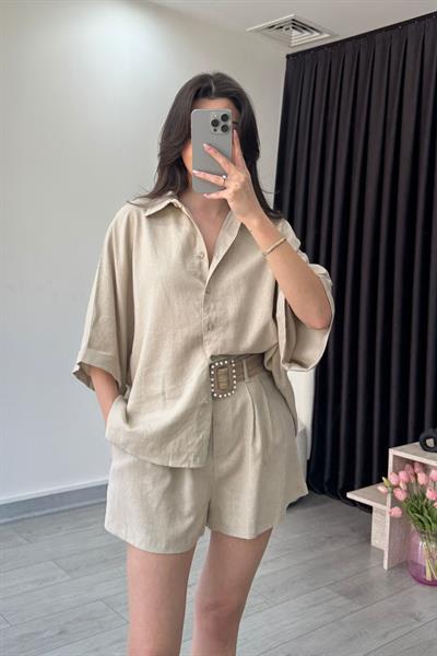 Vesper Kemerli Natural Keten Gömlek Şort Takım