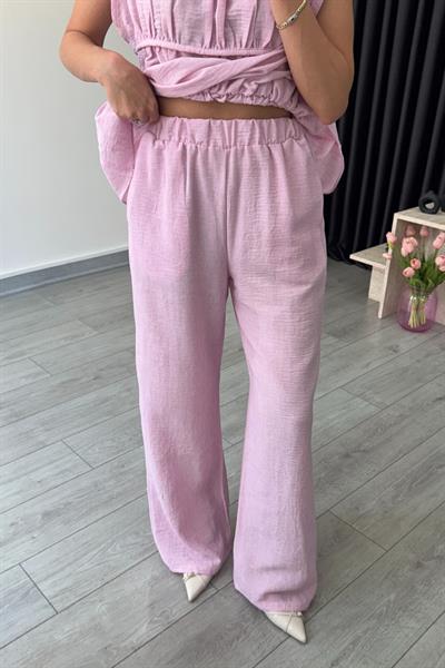 Via Pembe Keten Bluz Pantolon Takım